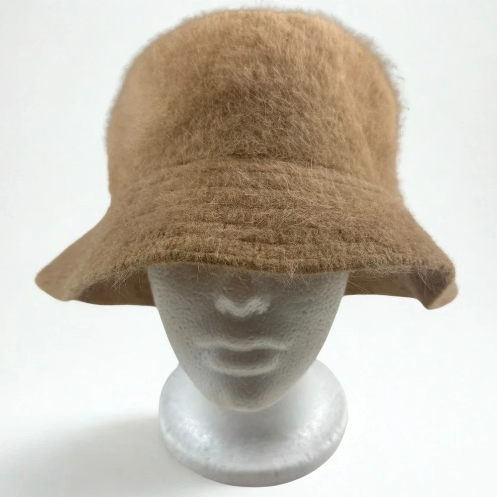 Fuzzy Angora Blend Bucket Hat Womens OS Camel Tan D.N.Y. Bell Cloche Winter Chic